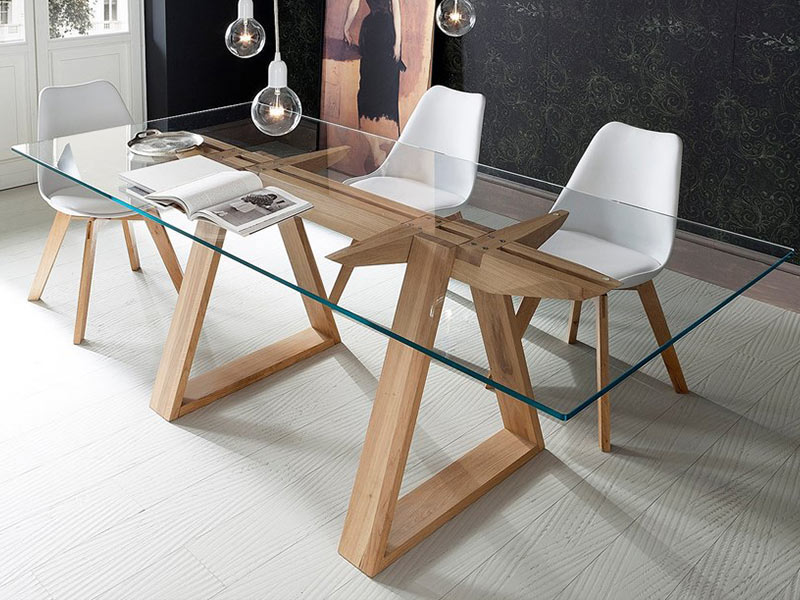میز ناهارخوری شیشه ای با پایه چوبی