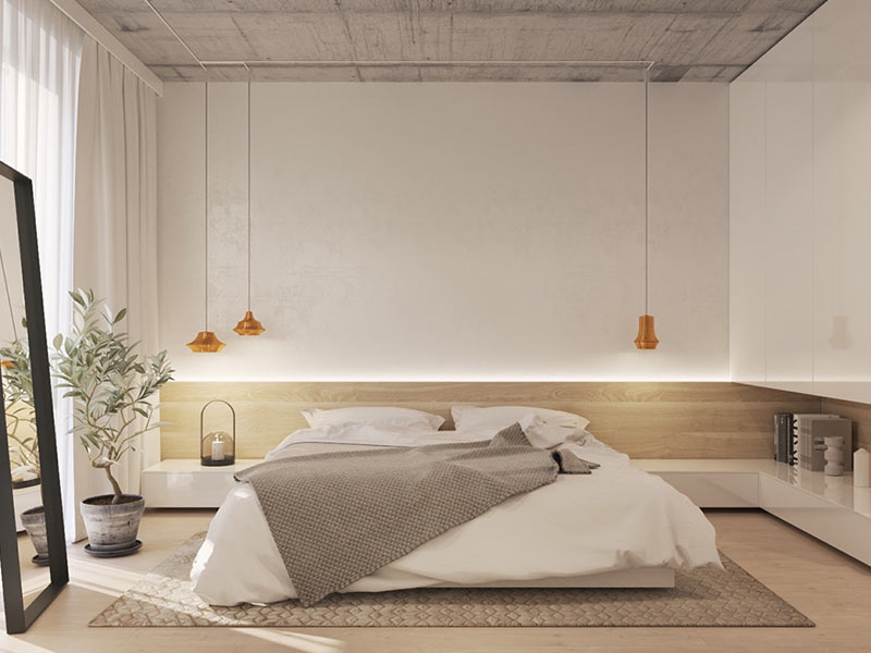 اتاق خواب مینمال استفاده ازدیوارکوب چوبی ساده خطی