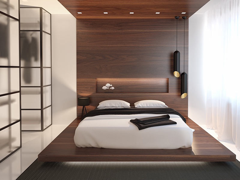 اتاق خواب مینمال استفاده از متریال چوب به صورت (یو شکل)