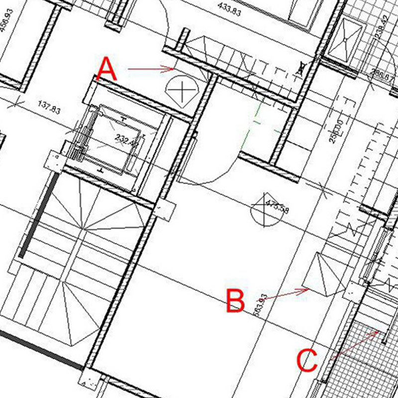 روند شکل گیری طراحی معماری،نمونه موردی: حل  پلان و مقطع محل پله زیر شیروانی 